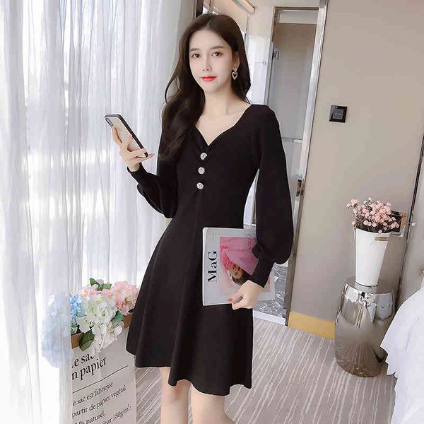 dresses women v-neck slim knit with waist lantern sleeve mini a-line dress, Black;gray