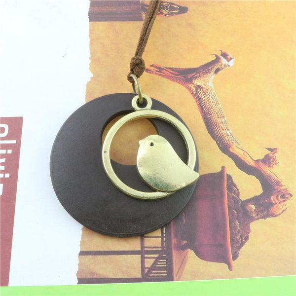 retro cotton and linen clothing national wind necklace korean wooden leather rope bird pendant long sweater chain necklaces, Silver