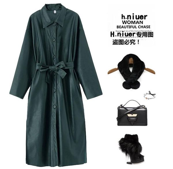 women's leather & faux design cool turn down collar spring pu solid color sashes loose midi long trench coat casacos abrigos, Black
women's leather & faux design cool turn down collar spring pu solid color sashes loose midi long trench coat casacos abrigos, Black