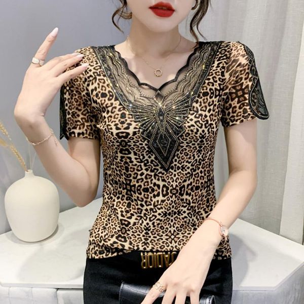 women's t-shirt 2021 summer short sleeve fashion casual leopard diamonds and shirt blusas, White
women's t-shirt 2021 summer short sleeve fashion casual leopard diamonds and shirt blusas, White