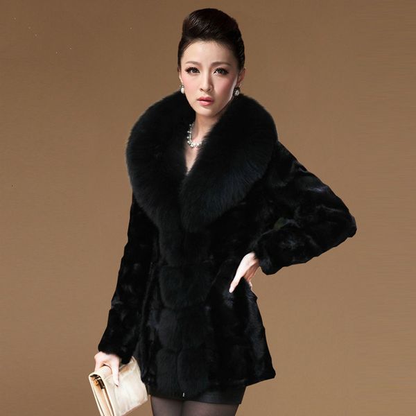 leather fox collar and mink women's mid-length coat haining fur, Black
leather fox collar and mink women's mid-length coat haining fur, Black