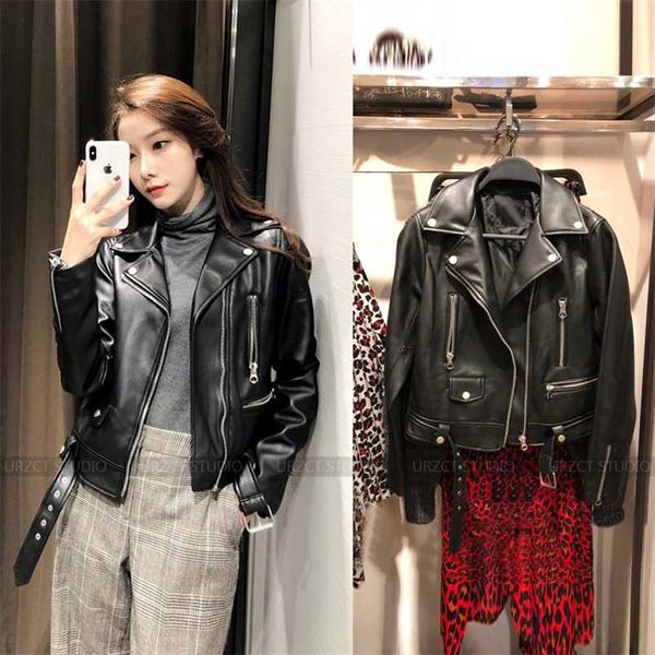 zcwxm women pu leather jacket zipper belt short coat autumn female black punk bomber faux outwear 211215 
zcwxm women pu leather jacket zipper belt short coat autumn female black punk bomber faux outwear 211215