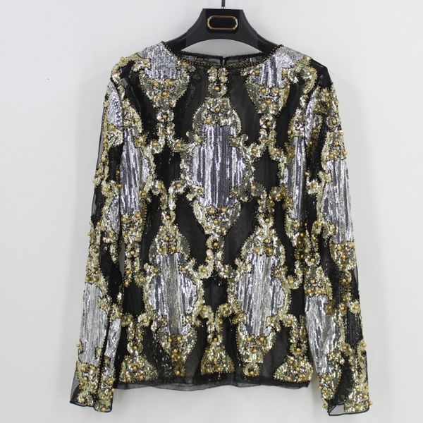 runway luxury women summer sheer mesh shirt long sleeve sequin bead diamond embellished embroidery blouse mujer, White
runway luxury women summer sheer mesh shirt long sleeve sequin bead diamond embellished embroidery blouse mujer, White