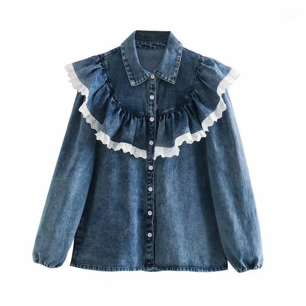 elegant women blue denim shirts 2021 fashion ladies lace ruffles sweet female chic turn down collar blouses women's &, White
elegant women blue denim shirts 2021 fashion ladies lace ruffles sweet female chic turn down collar blouses women's &, White
