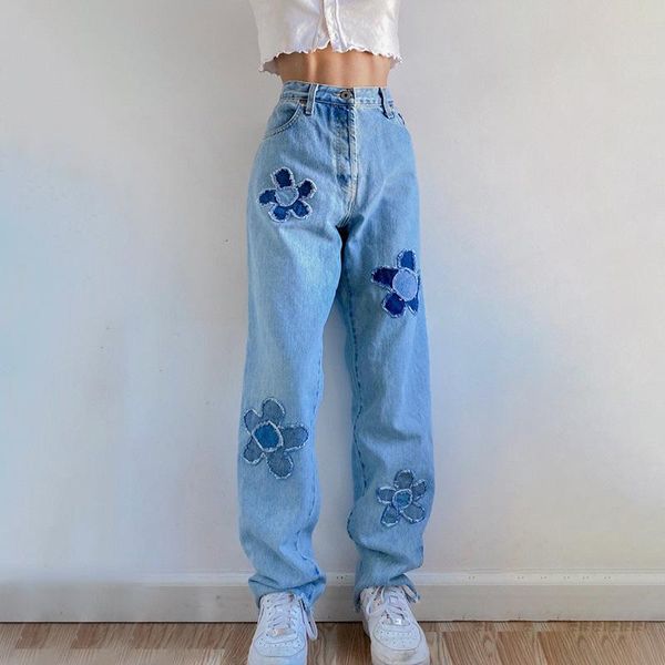 women's jeans casual floral pattern stitched high waist korean straight personalized denim pants baggy leg, Blue
women's jeans casual floral pattern stitched high waist korean straight personalized denim pants baggy leg, Blue
