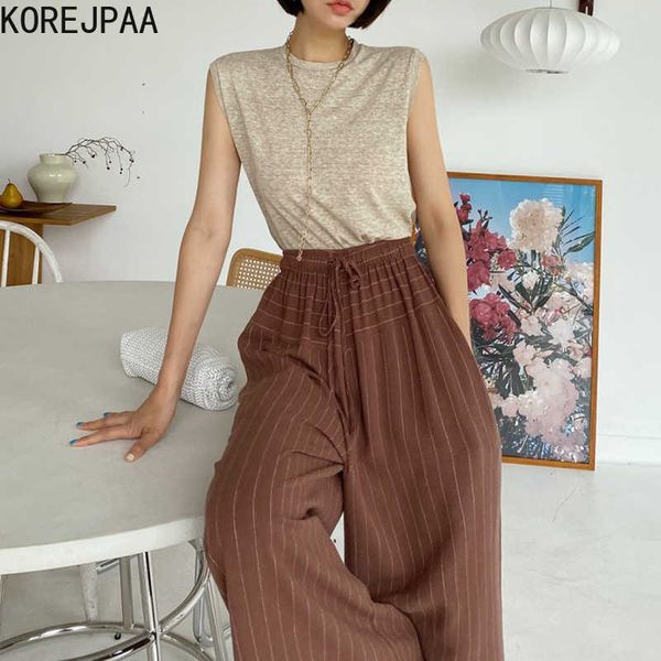 korejpaa women set summer korean chic ladies temperament all-match round neck sleeveless t-shirt striped wide-leg trousers 210526, White
korejpaa women set summer korean chic ladies temperament all-match round neck sleeveless t-shirt striped wide-leg trousers 210526, White