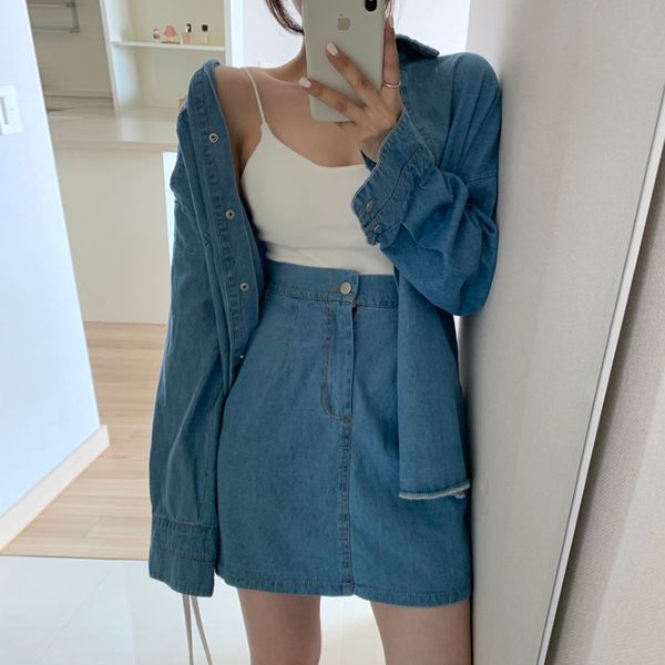 spring women fashion casual blue denim 2 piece set single breasted minimalist shirt+empire waist skirt 8p043 210510, White
spring women fashion casual blue denim 2 piece set single breasted minimalist shirt+empire waist skirt 8p043 210510, White