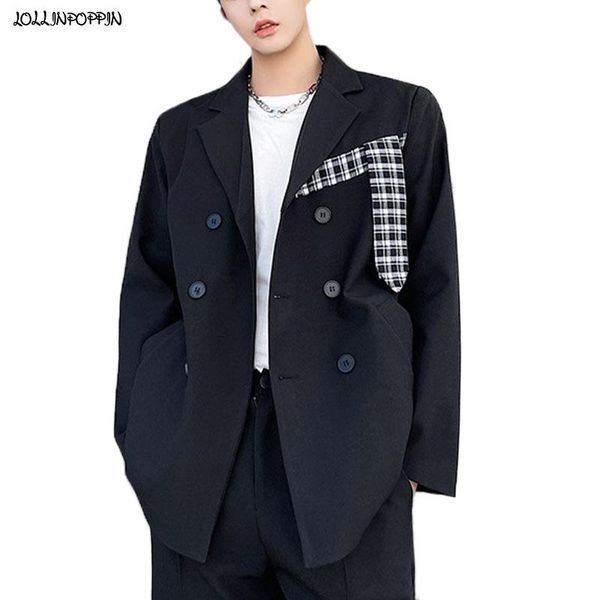 men's suits & blazers plaid patchwork double breasted men casual suit jacket korean style notched lapel waist belt mens black loose coa, White;black
men's suits & blazers plaid patchwork double breasted men casual suit jacket korean style notched lapel waist belt mens black loose coa, White;black