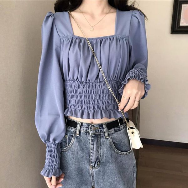 women's blouses & shirts autumn clothing 2021 item retro square neck puff sleeve pleated elastic waist slimming short chiffon shirt top, White
women's blouses & shirts autumn clothing 2021 item retro square neck puff sleeve pleated elastic waist slimming short chiffon shirt top, White
