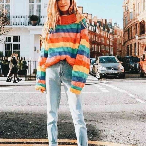 women rainbow striped pullover sweaters winter and autumn turtleneck loose oversizd knit jumpers fashion colorful outerwear, White;black
women rainbow striped pullover sweaters winter and autumn turtleneck loose oversizd knit jumpers fashion colorful outerwear, White;black