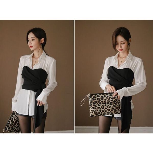 ladies temperament long-sleeved shirt body shaping waist wrapped chest + imitation leather shorts three-piece, White
ladies temperament long-sleeved shirt body shaping waist wrapped chest + imitation leather shorts three-piece, White