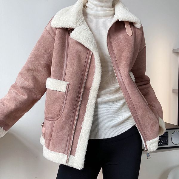 winter thick warm lamb wool coat women oversized short casual pure color suede plush motorcycle lapel female jcket 210520, Black;brown
winter thick warm lamb wool coat women oversized short casual pure color suede plush motorcycle lapel female jcket 210520, Black;brown
