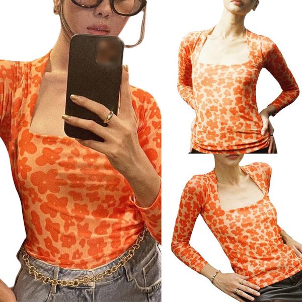women's t-shirt women close-fitting pullover, ladies fashion orange floral printed pattern long sleeve square collar, White
women's t-shirt women close-fitting pullover, ladies fashion orange floral printed pattern long sleeve square collar, White