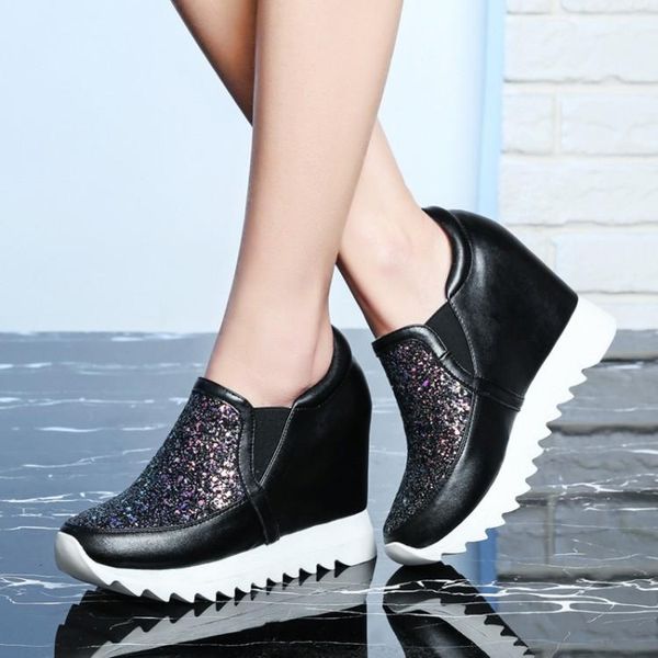 dress shoes genuine leather women sneakers platform fashion bling height increasing casual wedge female high heel 10cm, Black
dress shoes genuine leather women sneakers platform fashion bling height increasing casual wedge female high heel 10cm, Black