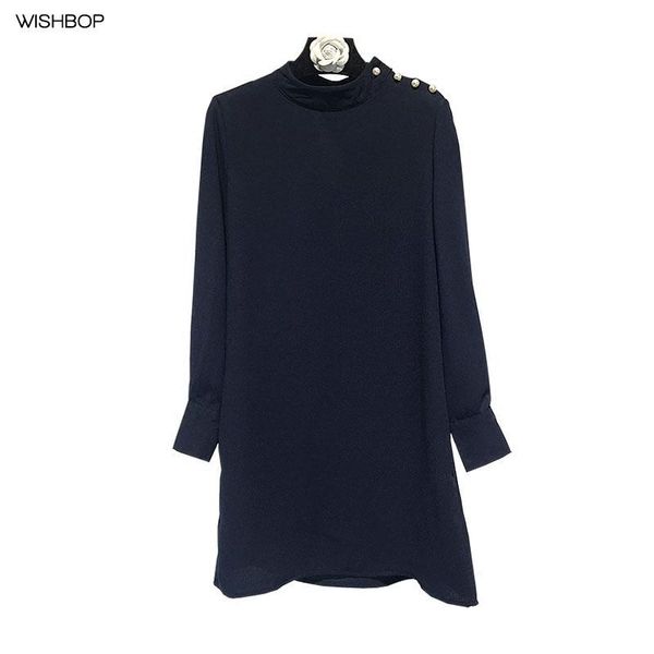 casual dresses 2021 spring fashion woman elegant navy blue straight mini dress stand collar shoulder with pearls buttoned long sleeves cuff, Black;gray
casual dresses 2021 spring fashion woman elegant navy blue straight mini dress stand collar shoulder with pearls buttoned long sleeves cuff, Black;gray