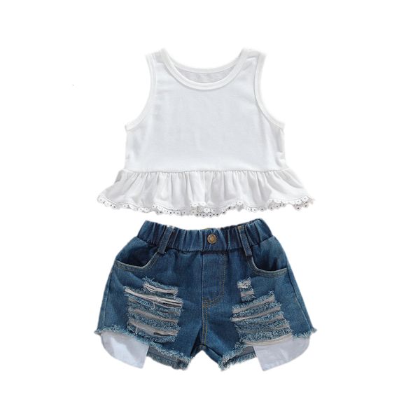 sets 1-6years kids baby girls 2pcs set clothes sleeveless dress shirt ripped jeans shorts outfits for summer clothing c0225, White
sets 1-6years kids baby girls 2pcs set clothes sleeveless dress shirt ripped jeans shorts outfits for summer clothing c0225, White