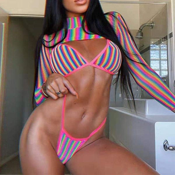 women's swimwear 3 pcs rainbow stripe print stand collar smocke swimsuit fashion low waist long sleeve bandage bikini sets lady beachwe, White;black
women's swimwear 3 pcs rainbow stripe print stand collar smocke swimsuit fashion low waist long sleeve bandage bikini sets lady beachwe, White;black