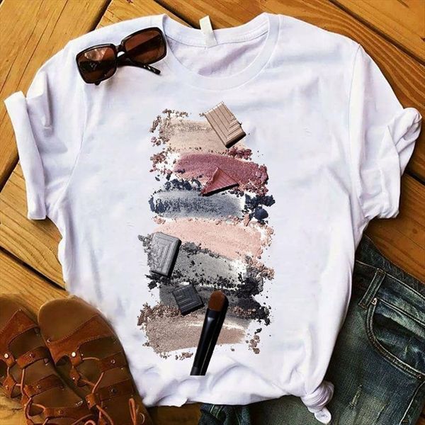 makeup 3d printed short sleeve womens loose tee clothes graphic, White