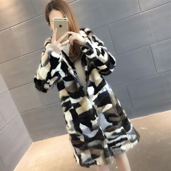 women's fur & faux real mink pieces coat natural outwear plus size, Black