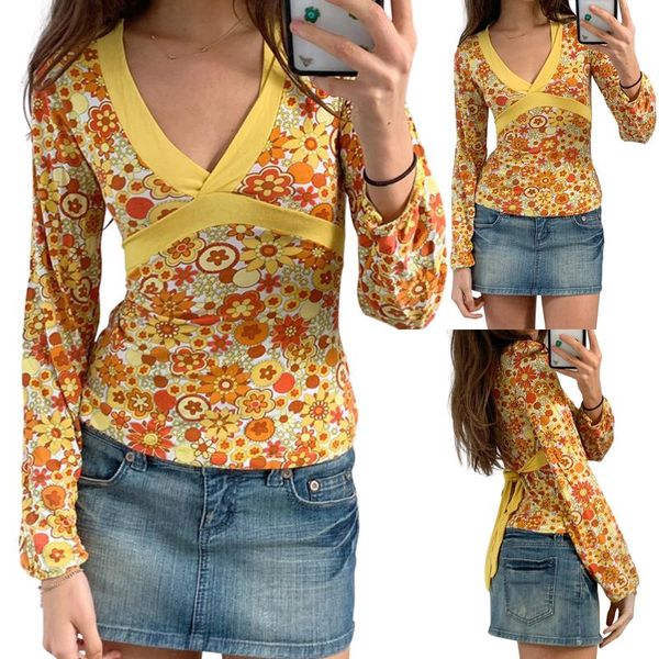 women's t-shirt women close-fitting long sleeve , yellow floral printed pattern deep v-neck pullover, s/ / l, White
women's t-shirt women close-fitting long sleeve , yellow floral printed pattern deep v-neck pullover, s/ / l, White
