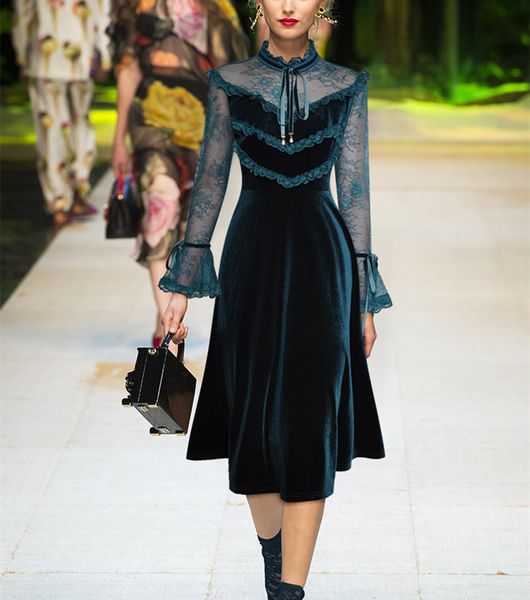 a line spring women flare sleeve midi party runway green velvet patchwork lace bow dress fashion hollow out dresses, Black;gray
a line spring women flare sleeve midi party runway green velvet patchwork lace bow dress fashion hollow out dresses, Black;gray