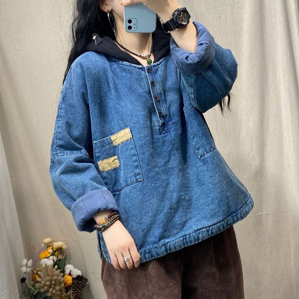 johnature women denim pullover jackets blue thick fall winter button vintage coats female pockets warm hooded jackets 210521, Black;brown
johnature women denim pullover jackets blue thick fall winter button vintage coats female pockets warm hooded jackets 210521, Black;brown