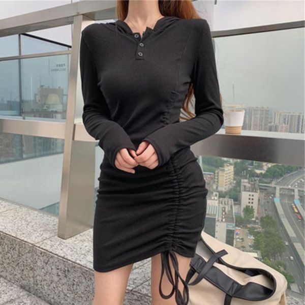 casual dresses autumn winter korean long sleeve hooded base women mini dress pleated slim skinny hip drawstring irregular y044, Black;gray
casual dresses autumn winter korean long sleeve hooded base women mini dress pleated slim skinny hip drawstring irregular y044, Black;gray