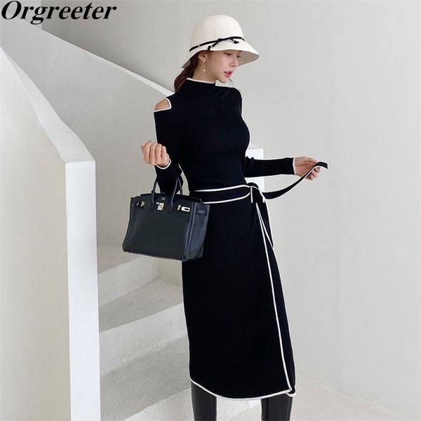 high-quality shoulder hollow long sleeve black knitted dress white striped trim sashes bow slim split mid-length sweater 211110, Black;gray
high-quality shoulder hollow long sleeve black knitted dress white striped trim sashes bow slim split mid-length sweater 211110, Black;gray