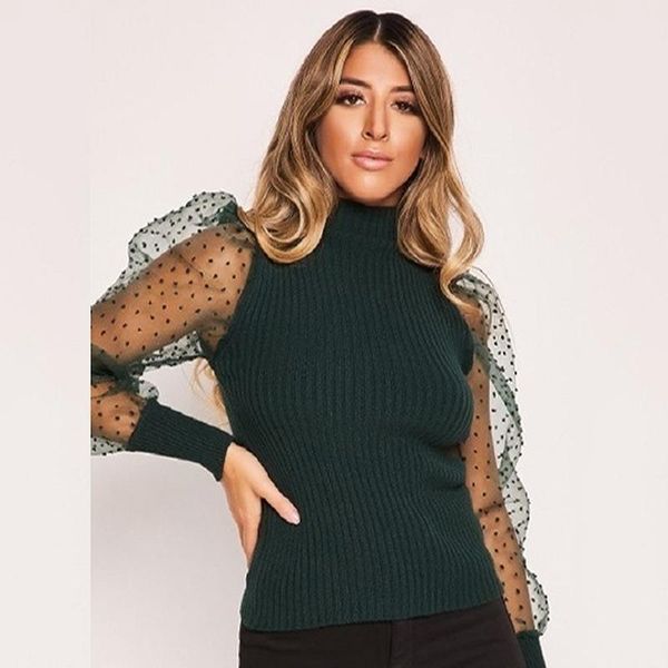 women's t-shirt 2021 casual high neck fashion mesh stitching elegant bubble long-sleeved wild ladies, White
women's t-shirt 2021 casual high neck fashion mesh stitching elegant bubble long-sleeved wild ladies, White