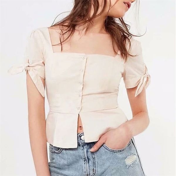 summer casual cotton linen square collar women short slim blouse solid buttons bow tie sleeve sweet blusas 210519, White
summer casual cotton linen square collar women short slim blouse solid buttons bow tie sleeve sweet blusas 210519, White