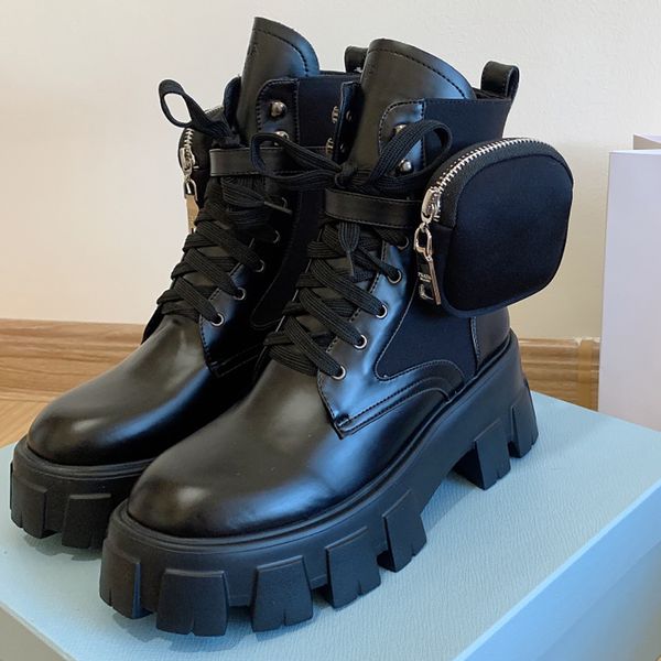 women designer brushed rois leather and nylon boots a removable pouch featuring the iconic metal triangle decorates the footwear, Black
women designer brushed rois leather and nylon boots a removable pouch featuring the iconic metal triangle decorates the footwear, Black