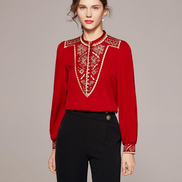 92.5% silk 7.5% spandex women's shirts stand collar long sleeves embroidery hollow out blouse outerwear, White
92.5% silk 7.5% spandex women's shirts stand collar long sleeves embroidery hollow out blouse outerwear, White