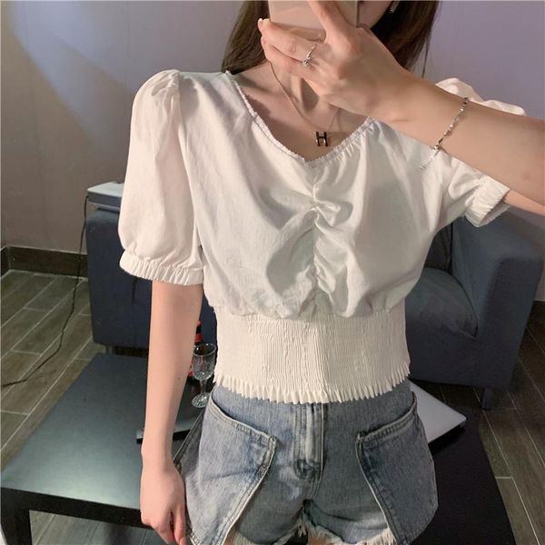 women's t-shirt retro pleated shirt design sense 2021 summer korean style niche square collar puff sleeve clavicle short outerwear top, White
women's t-shirt retro pleated shirt design sense 2021 summer korean style niche square collar puff sleeve clavicle short outerwear top, White