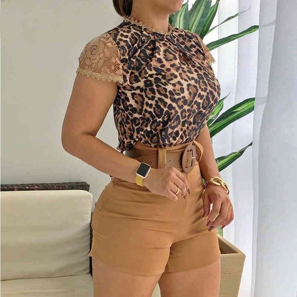 women elegant leopard print keyhole lace trim short sleeve & shorts set casual set vacation set 210521, White
women elegant leopard print keyhole lace trim short sleeve & shorts set casual set vacation set 210521, White