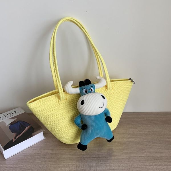 straw woven bag 2021 hand creative cartoon niuniu pendant shoulder fashion women's