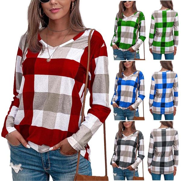 

women's blouses & shirts fashion blouse 2021 casual lattice printed long sleeve v-neck tunic blusas mujer, White