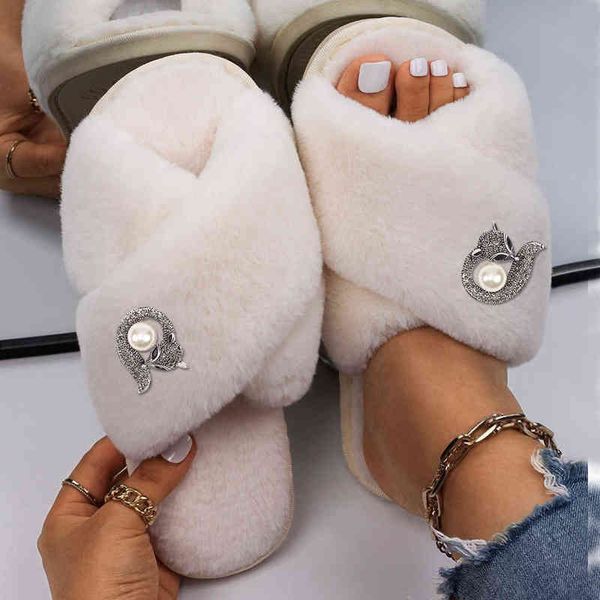 women's slippers shoes faux fur slides cute fox decor flat sandals luxury designer flip flops female winter plush slippers 2022 y220214, Black 
women's slippers shoes faux fur slides cute fox decor flat sandals luxury designer flip flops female winter plush slippers 2022 y220214, Black