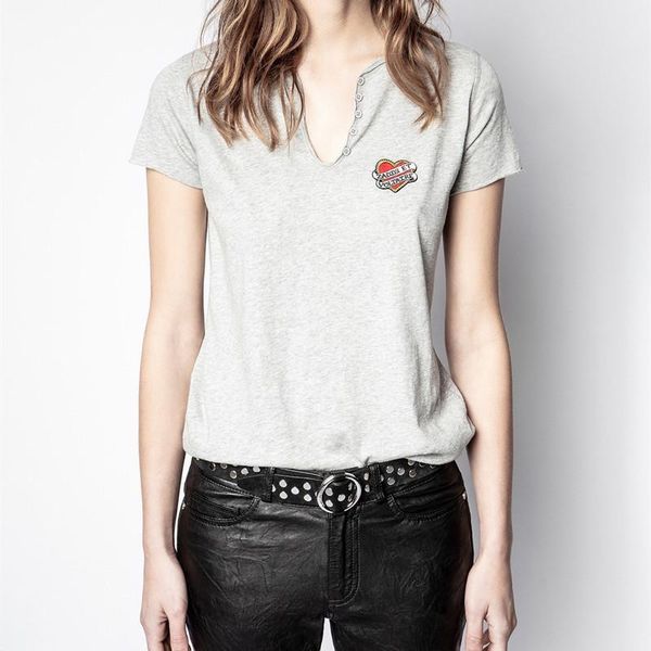 women's t-shirt 100% cotton white black gray tee letter heart embroidery u-neck button 2021 summer ladies female outfit
women's t-shirt 100% cotton white black gray tee letter heart embroidery u-neck button 2021 summer ladies female outfit