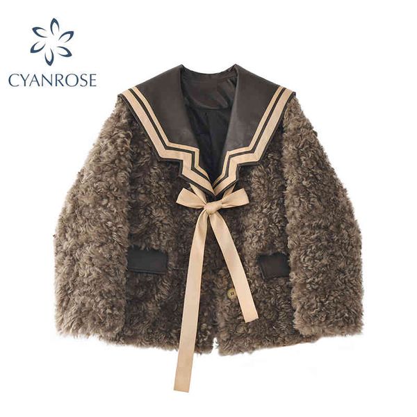 women's winter sheepskin short coat thick cotton warm fashion woolen coat vintage sailor collar lamb wool jackets female 210417, Black;brown
women's winter sheepskin short coat thick cotton warm fashion woolen coat vintage sailor collar lamb wool jackets female 210417, Black;brown