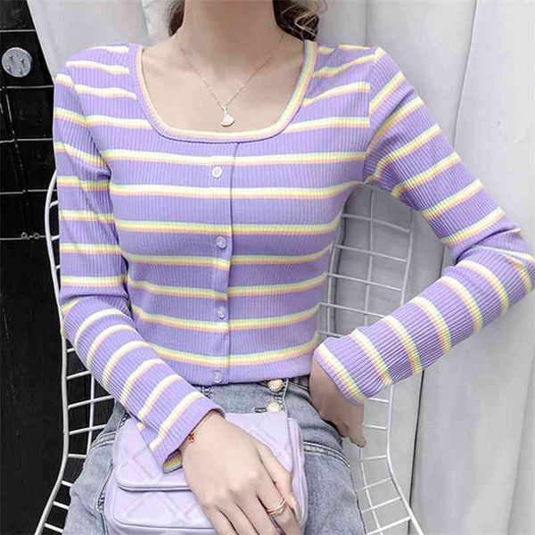 elastic button slim long sleeve t-shirt women casual square collar stripe cotton pullovers female korean style 210522, White
elastic button slim long sleeve t-shirt women casual square collar stripe cotton pullovers female korean style 210522, White