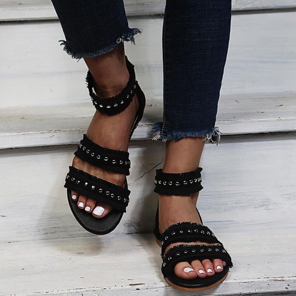 sandals rivet ankle strap women's sandal bohemia summer zipper beach breathable soft sole slide, Black