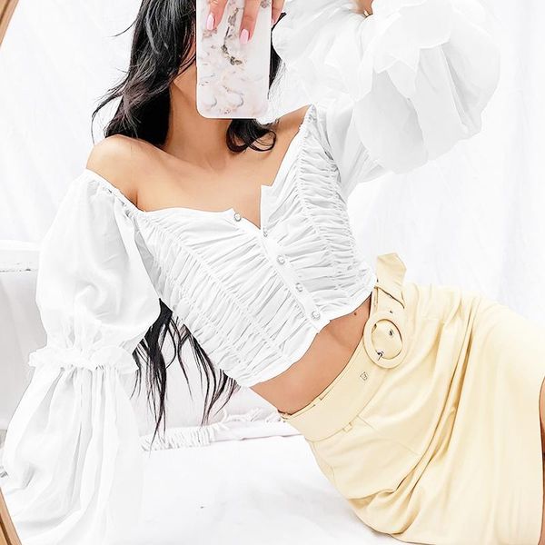 women's t-shirt solid color tube one-word collar pleated flared sleeves off-shoulder short lace tight-fitting fashion, White
women's t-shirt solid color tube one-word collar pleated flared sleeves off-shoulder short lace tight-fitting fashion, White