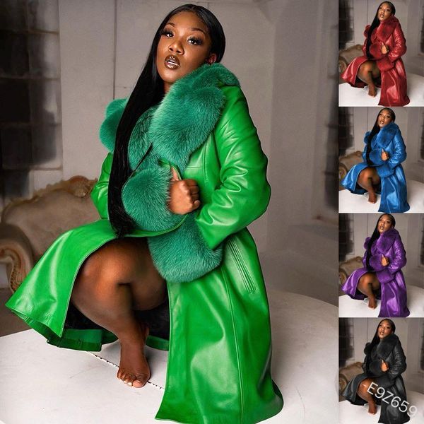 women long fur plus size autumn winter solid color pu leather stitching big collar zipper coat, Black
women long fur plus size autumn winter solid color pu leather stitching big collar zipper coat, Black