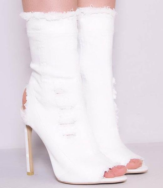women open toe slim denim short boots blue white jean high heel slingbacks cut-out opening fringe ankle, Black
women open toe slim denim short boots blue white jean high heel slingbacks cut-out opening fringe ankle, Black