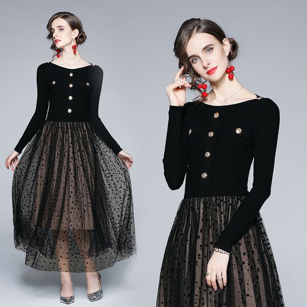 french minority dress skirt autumn winter long sleeve one-line collar knitted button mesh stitched knee length, Black;gray
french minority dress skirt autumn winter long sleeve one-line collar knitted button mesh stitched knee length, Black;gray