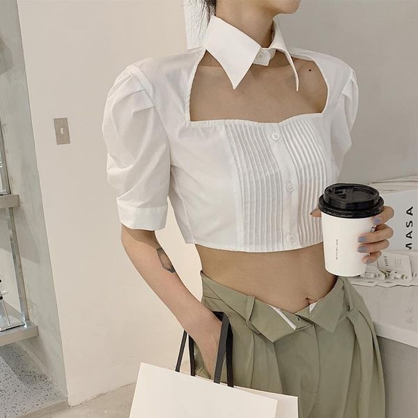 blouses summer crop women navel puff sleeve hollow slim turn-down collar soild casual outdoor shirts, White
blouses summer crop women navel puff sleeve hollow slim turn-down collar soild casual outdoor shirts, White