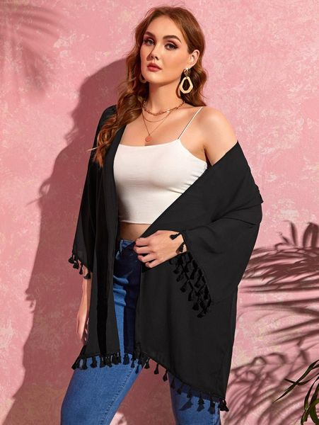 plus fringe trim drop shoulder kimono a4gq#, Black
plus fringe trim drop shoulder kimono a4gq#, Black