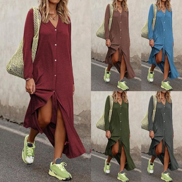 plus size women solid color long sleeve v neck buttons front slit dress loose style fits most people to wear gift casual dresses, Black;gray
plus size women solid color long sleeve v neck buttons front slit dress loose style fits most people to wear gift casual dresses, Black;gray