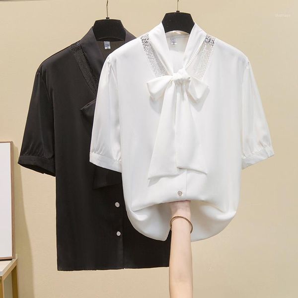 women's blouses & shirts 2021 summer women chiffon blouse elegant patchwork shirt short sleeves bow lace up solid womens casual, White
women's blouses & shirts 2021 summer women chiffon blouse elegant patchwork shirt short sleeves bow lace up solid womens casual, White