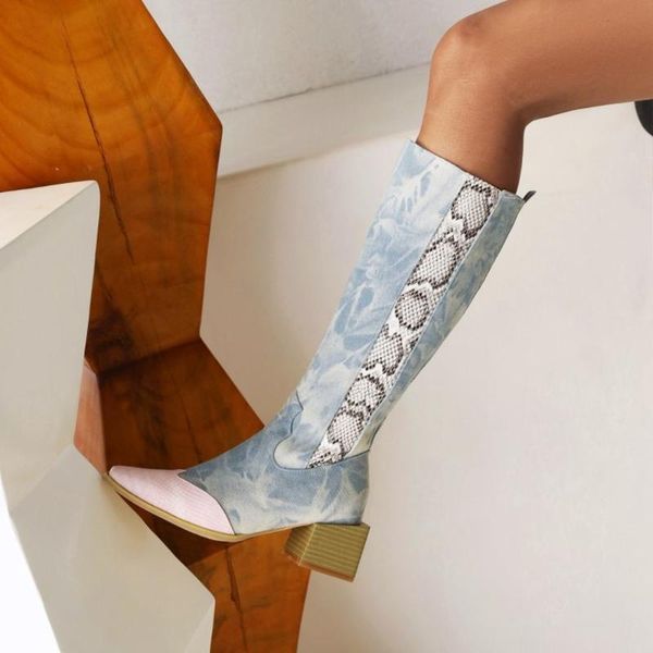 boots womens pointy toe denim snake pattern knee the thigh chunky heel stitching pu leather western shoes plus size 46 47 48, Black
boots womens pointy toe denim snake pattern knee the thigh chunky heel stitching pu leather western shoes plus size 46 47 48, Black
